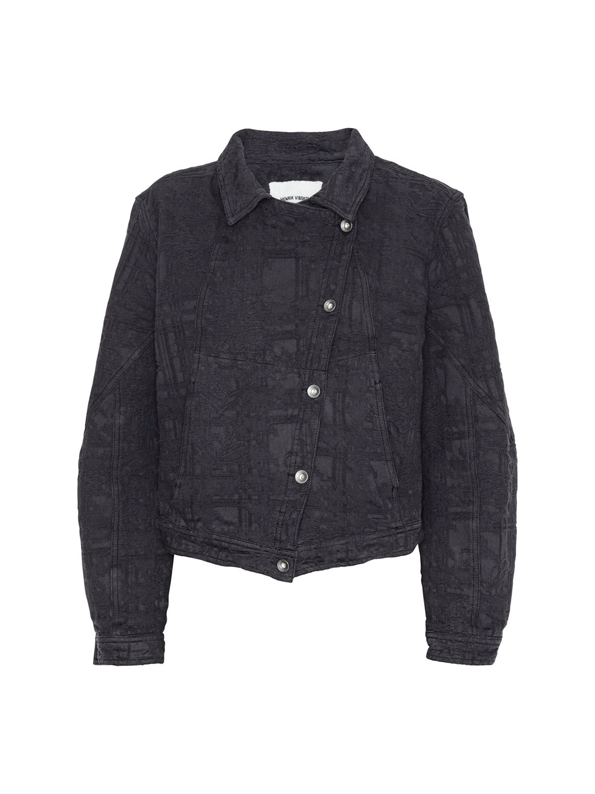 Henrik Vibskov Toadally Jacket in black, crinkled cotton jacket with asymmetric button placket, front flat lay