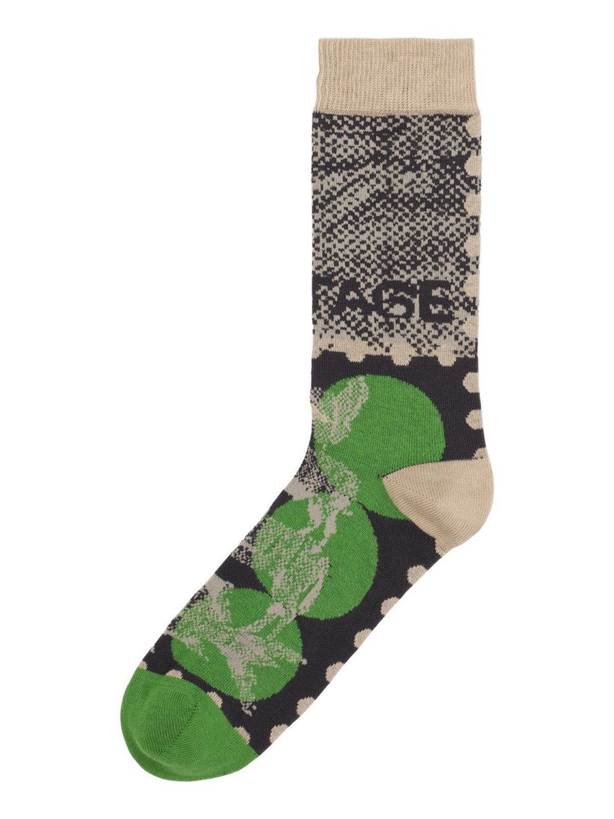 Henrik Vibskov Tower Sock in Postage Green Dots, green and charcoal jacquard knit with contrast sand heel and toe
