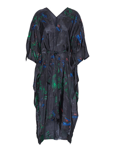 Black dress with colorful firework patterns from Henrik Vibskov on a white background