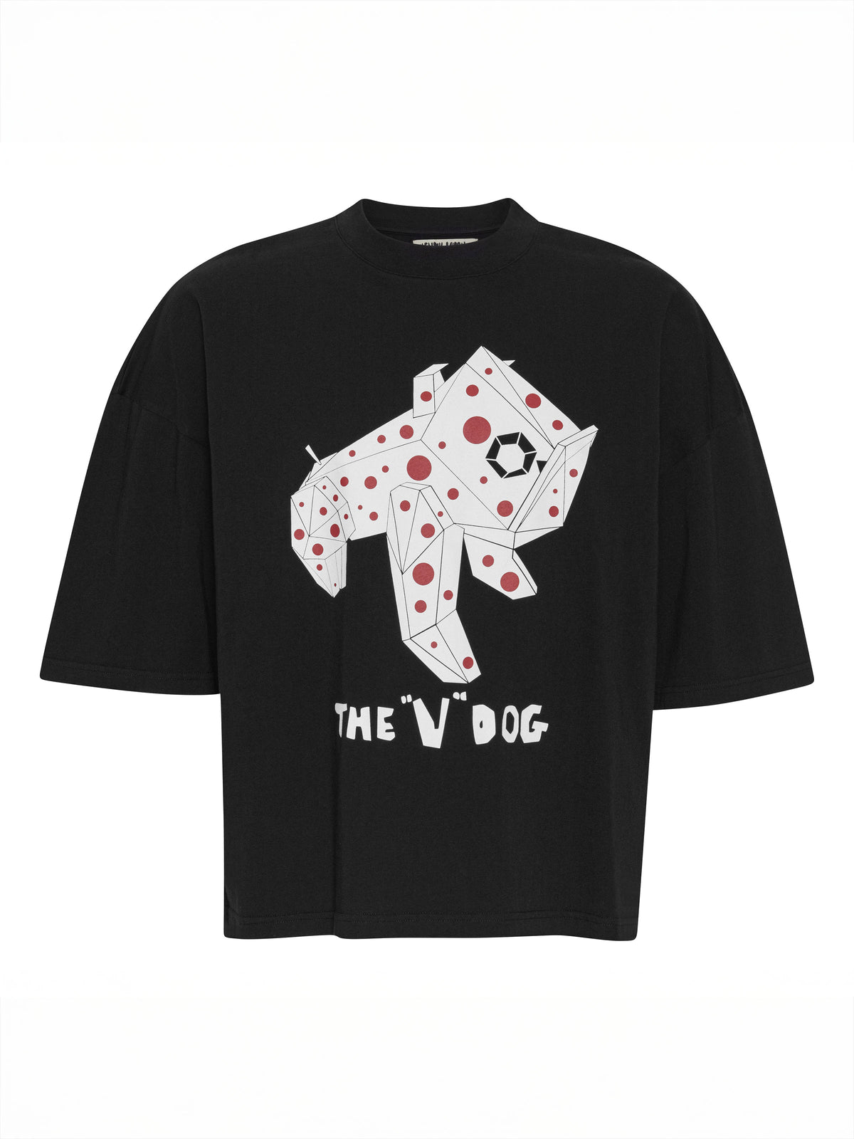 Henrik Vibskov V Dog Tee in Black shown from the front, featuring a large geometric dog graphic with red dot details and printed text.