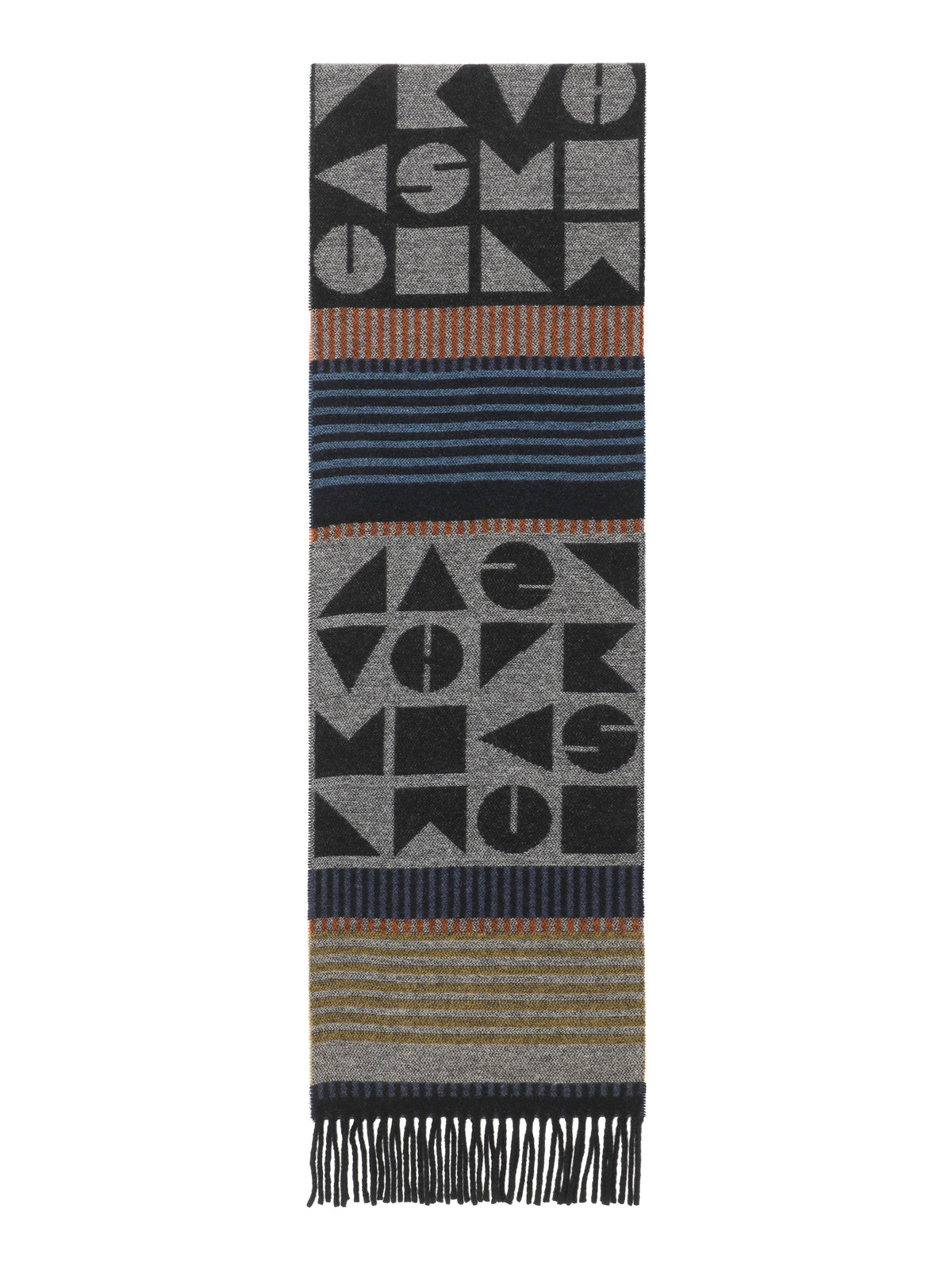 Henrik Vibskov Vibs In Bobs Scarf shown flat, featuring geometric motifs, contrasting striped panels and fringed edges.