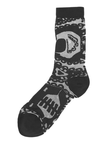 Front view of Victorian Socks Femme in Black Victorian featuring black semi-transparent fabric with an abstract Victorian-style illustration.