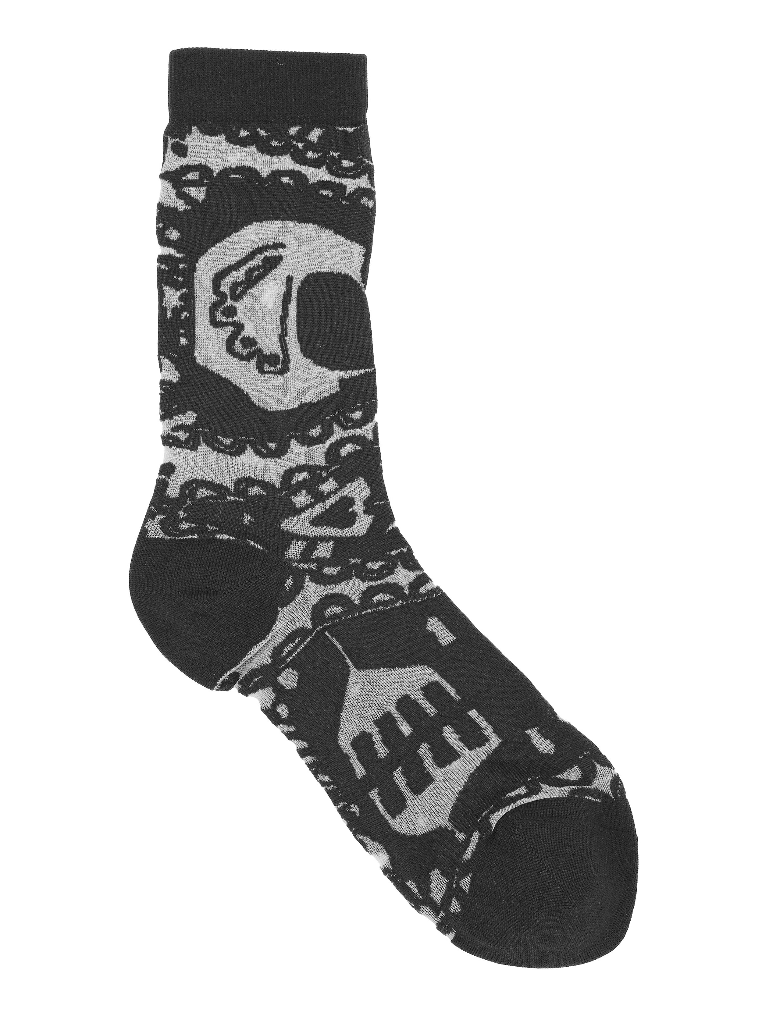 Front view of Victorian Socks Femme in Black Victorian featuring black semi-transparent fabric with an abstract Victorian-style illustration.