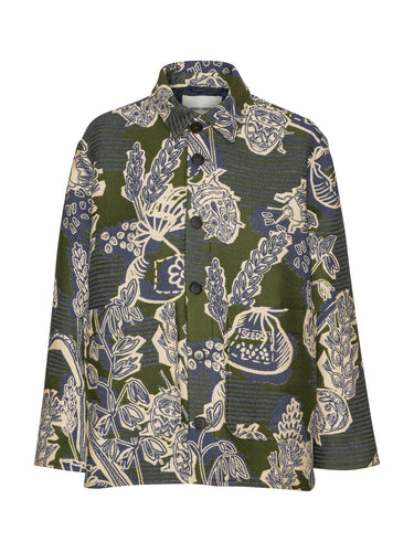 Wheel Jacket in Garden of EEden green blue and white floral patterned boxy jacket with collar and front button closure, front view – Henrik Vibskov Spring/Summer 2026 Key Collection