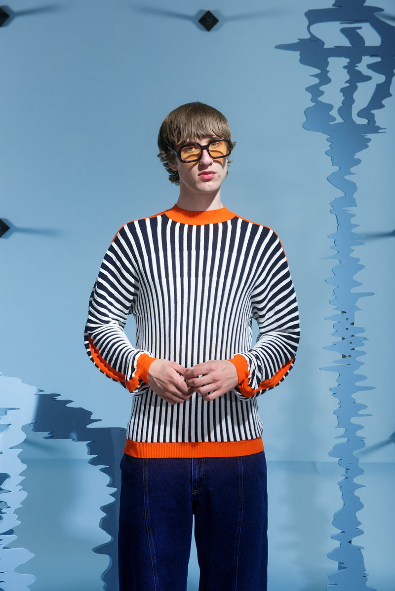 Henrik Vibskov Ribs Knit Roundneck in black, white, and orange stripes - 2