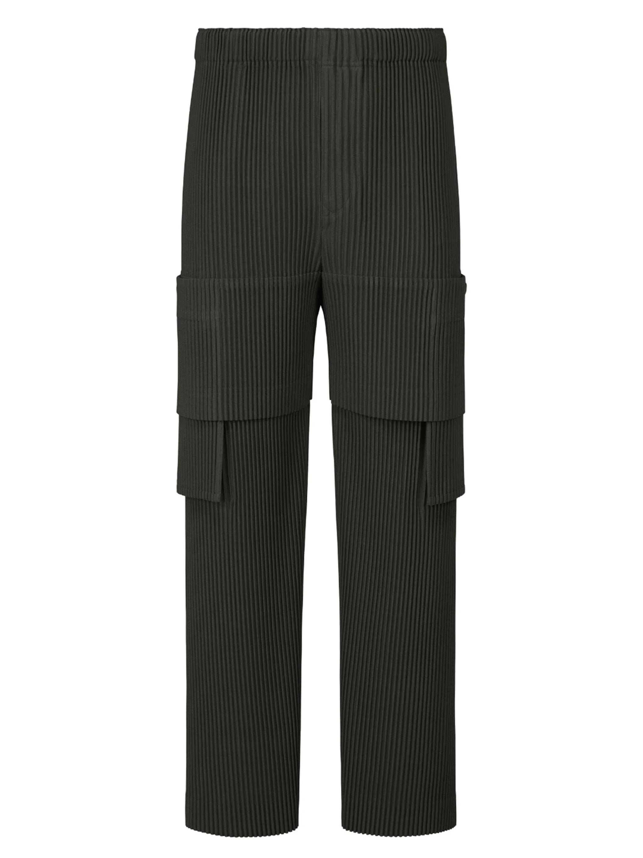 Dark grey ribbed cargo pants on a white background