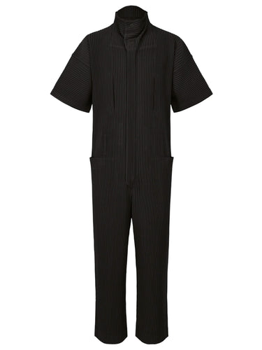Black short-sleeve jumpsuit from Homme Plissé Issey Miyake on a white background