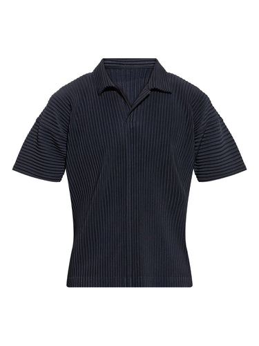 Navy ribbed knit polo shirt on a white background