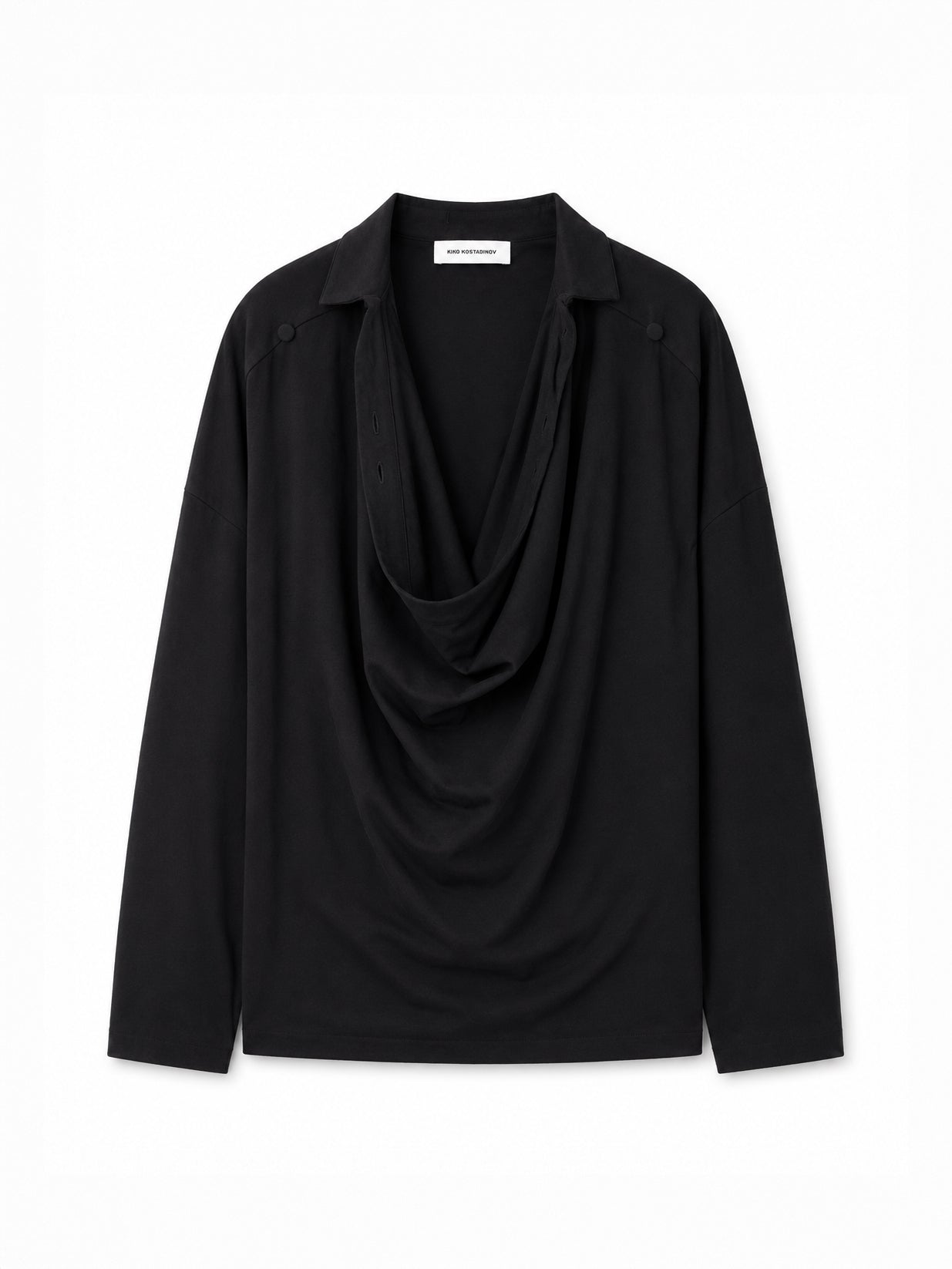 Kiko Kostadinov Iskar Drape Shirt in True Black jersey with relaxed draped neckline, self-covered button closures and batwing sleeves