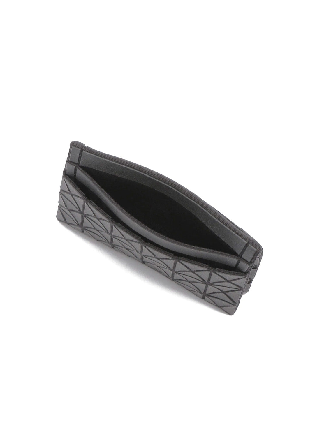 Bao Bao Issey Miyake Kuro Oyster Card Case in matte black showing slim profile, top opening and compact interior compartment