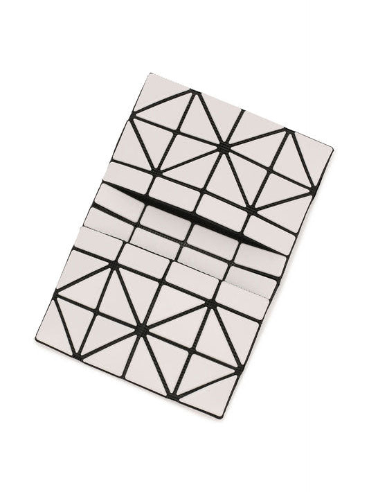 BAO BAO ISSEY MIYAKE September AW26 Card Case Matte in Light Gray shown open at an angle, highlighting the flexible geometric panel construction, slim folded structure and contrasting dark panel outlines.