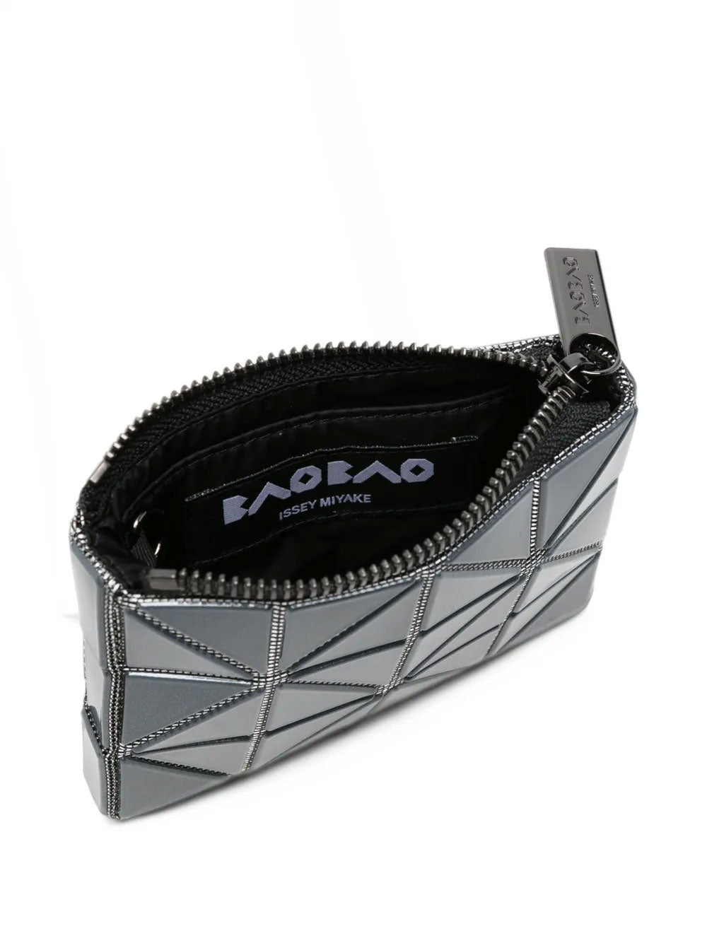 Open view of the BAO BAO ISSEY MIYAKE September AW26 Cassette Pass Case, showing the expandable interior, zip closure and geometric panel construction.