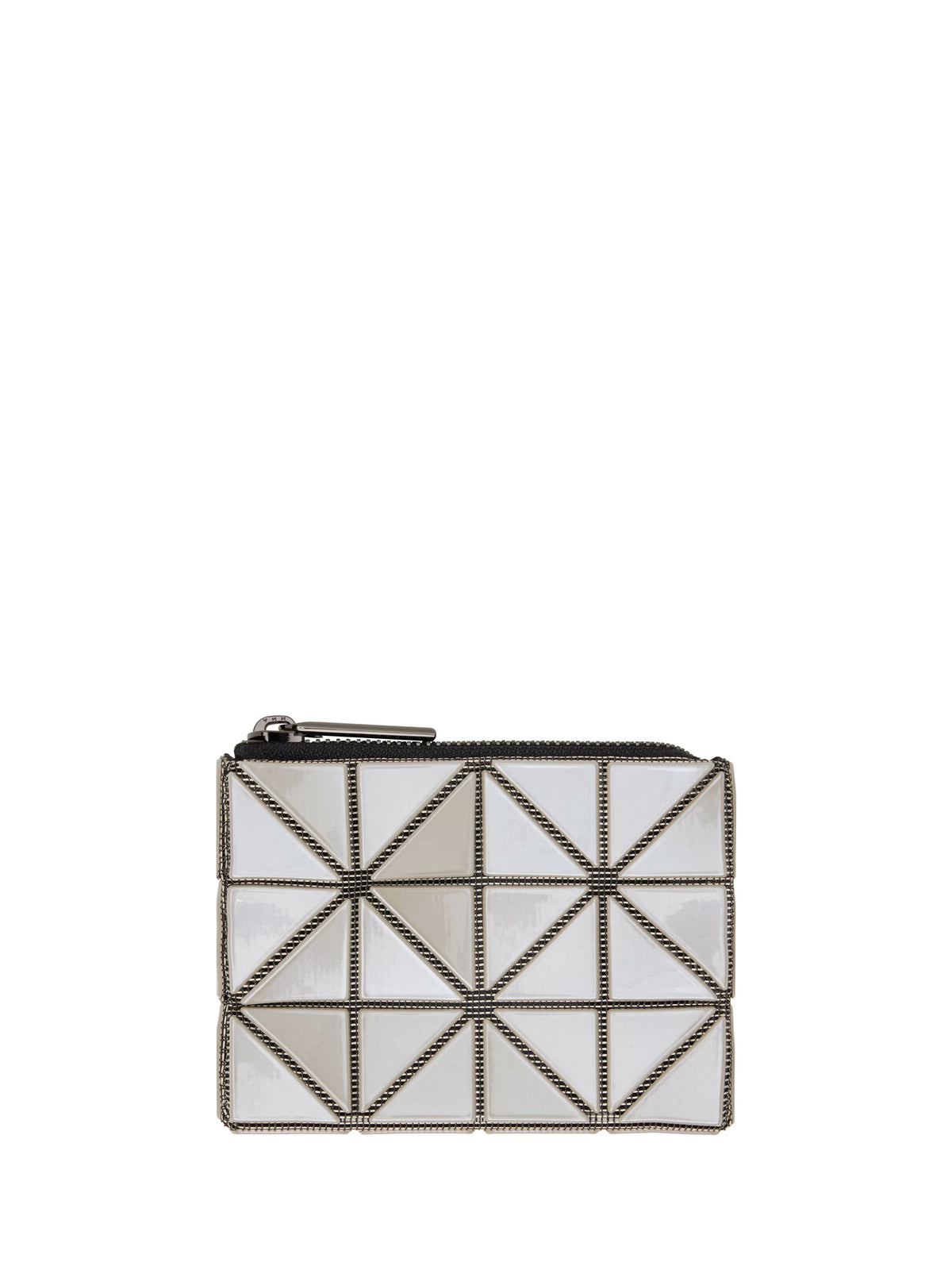 BAO BAO ISSEY MIYAKE September AW26 Cassette Pass Case in Pearl Gray, shown from the front with geometric triangular panels, dark contrasting trim and a zip-top closure.