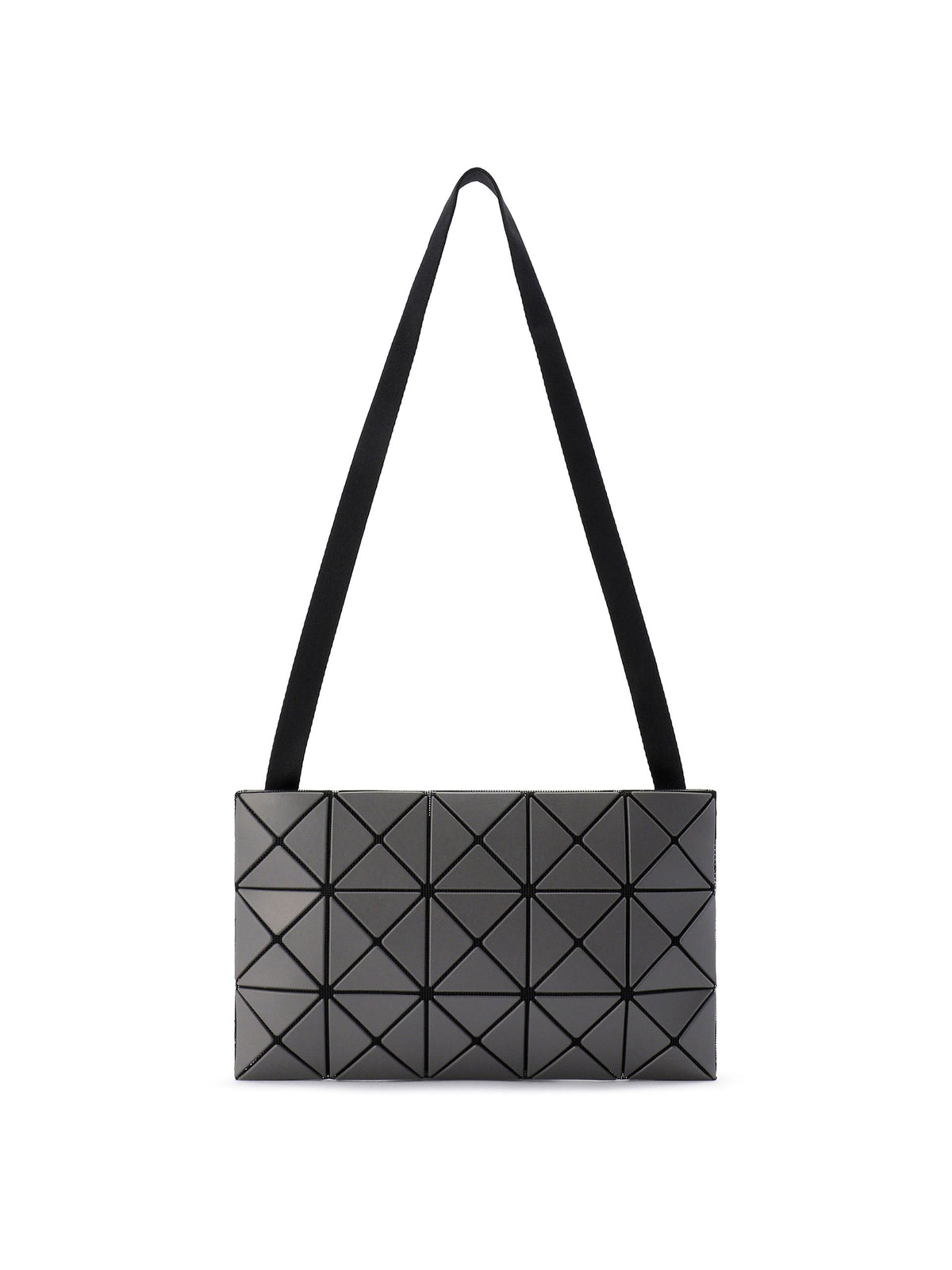 BAO BAO ISSEY MIYAKE September AW26 Lucent Matte Shoulder Bag 3x5 in Charcoal Grey, shown from the front with a long shoulder strap and geometric triangular panel construction.