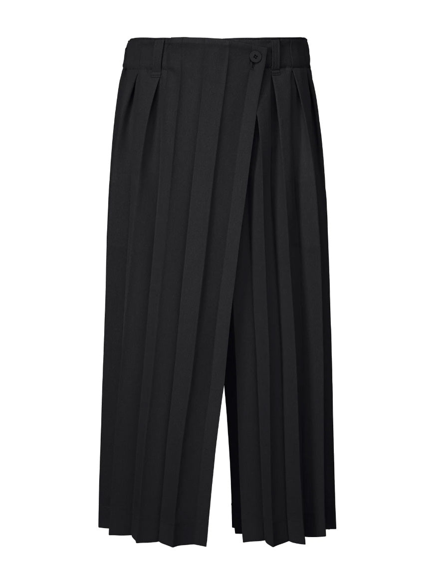 Black pants with wide pleats and a wrap style from Homme Plissé Issey Miyake on a white background