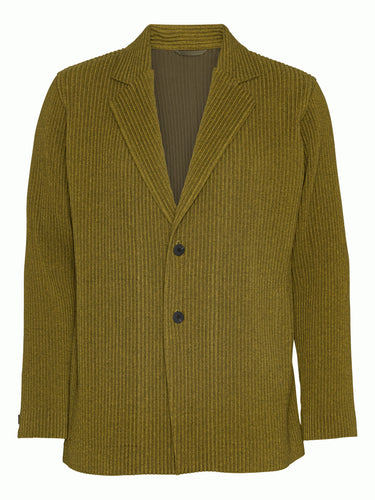 Front view of a mossy yellow-green plissé blazer from Homme Plissé Issey Miyake