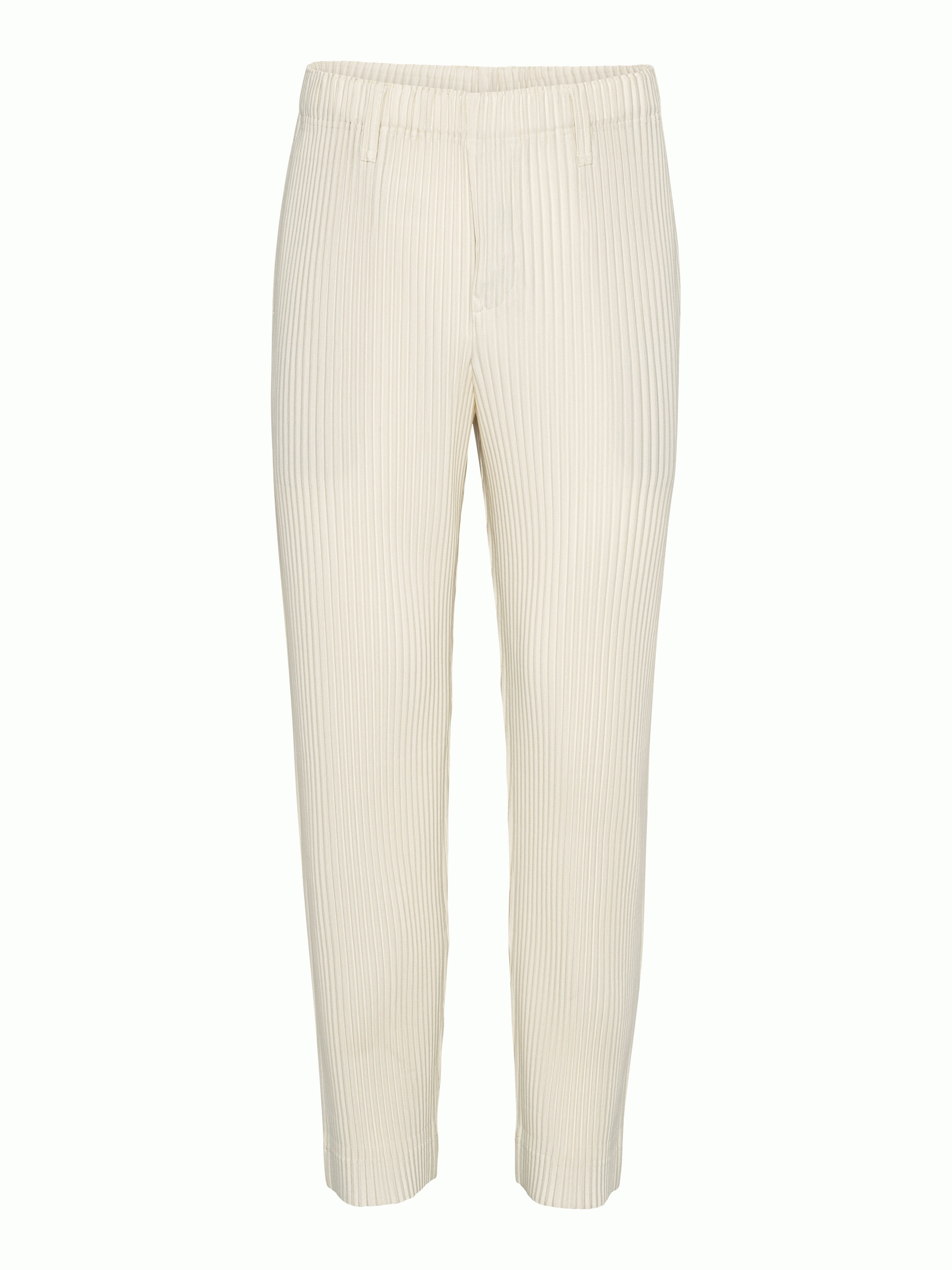 Front view of off-white plissé pants with straight legs from Homme Plissé Issey Miyake