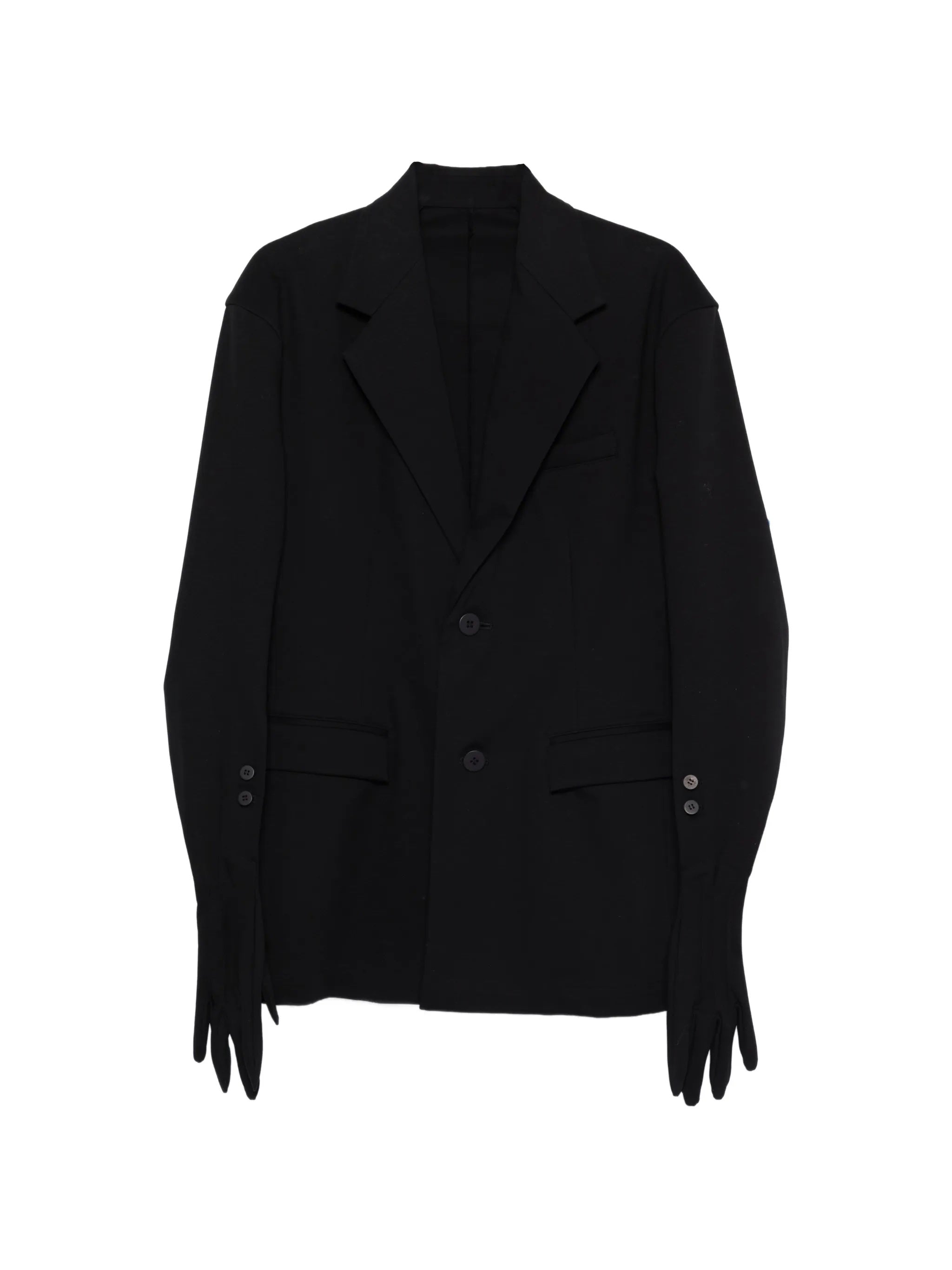 Black blazer with gloves attached to sleeves from Issey Miyake on a white background