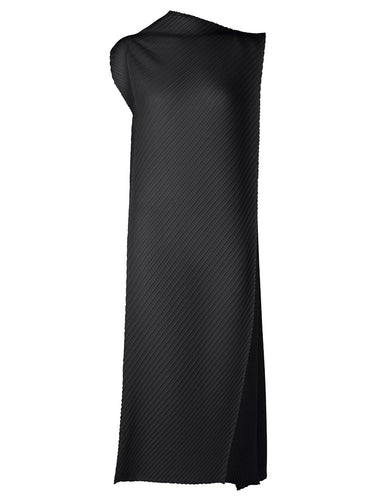 Black sleeveless dress with a drape design on a white background