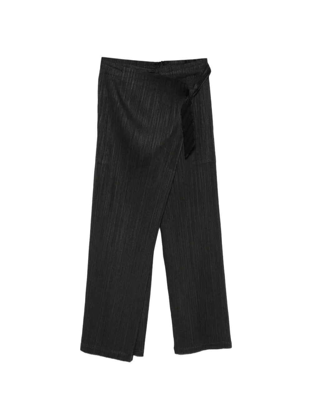 February SS26 Facade Pants in Black black pleated straight-leg pants with wrap detail and belt, front view – Issey Miyake Pleats Please