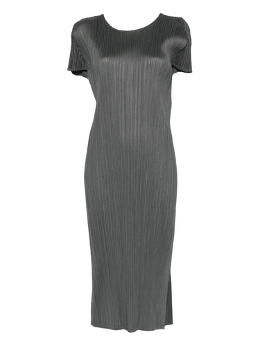 Gray pleated dress from Pleats Please Issey Miyake on a white background