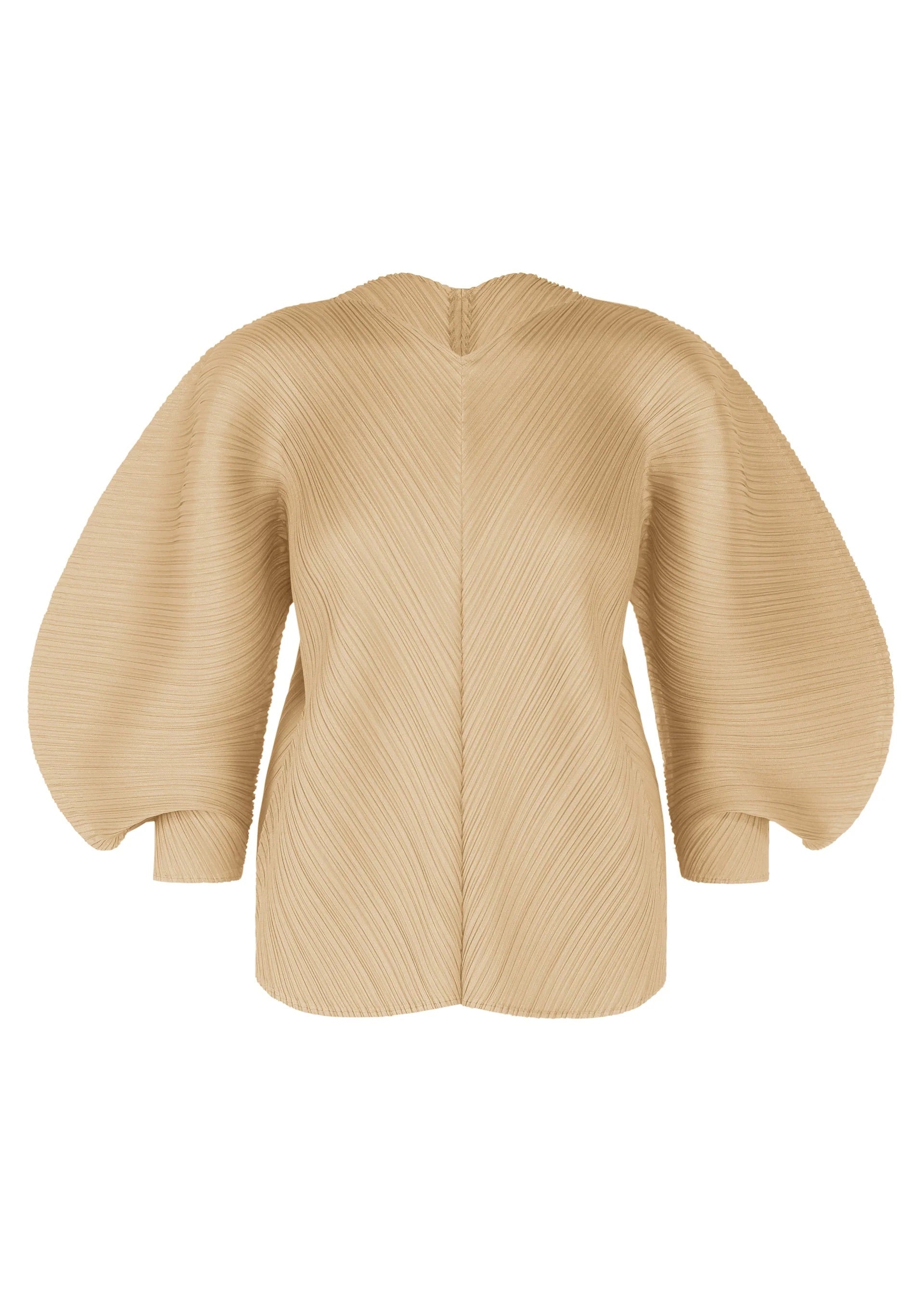 May SS26 Coast Shirt in Sand Beige, sculptural balloon sleeves with diagonal pleated texture, front view, Issey Miyake Pleats Please Spring/Summer 2026 Collection