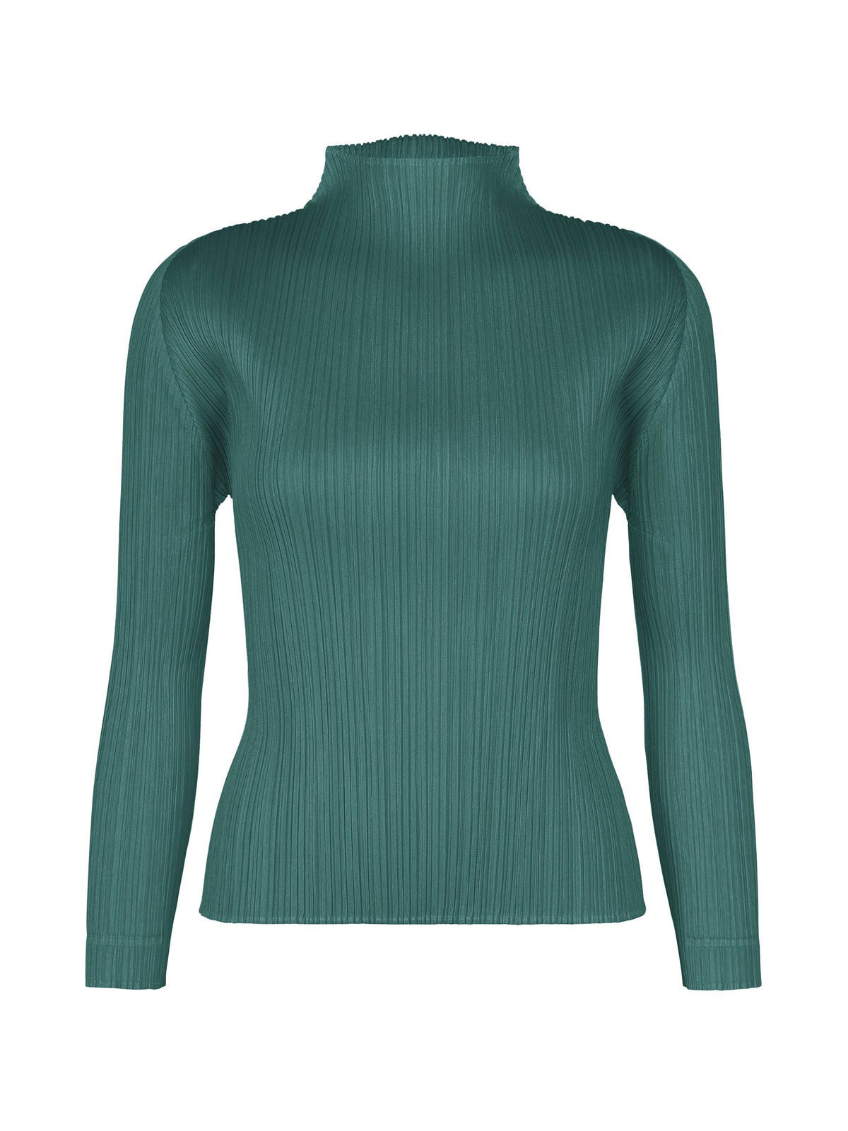 Issey Miyake PLEATS PLEASE! October AW26 Basic Mock Neck Shirt in Blue Green shown from the front, featuring fine vertical pleats, a fitted body, long sleeves and a raised mock neckline.