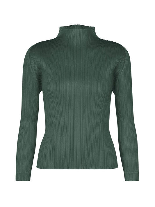 Issey Miyake PLEATS PLEASE! October AW26 Basic Mock Neck Shirt in Dark Green shown from the front, featuring fine vertical pleats, a fitted body, long sleeves and a raised mock neckline.