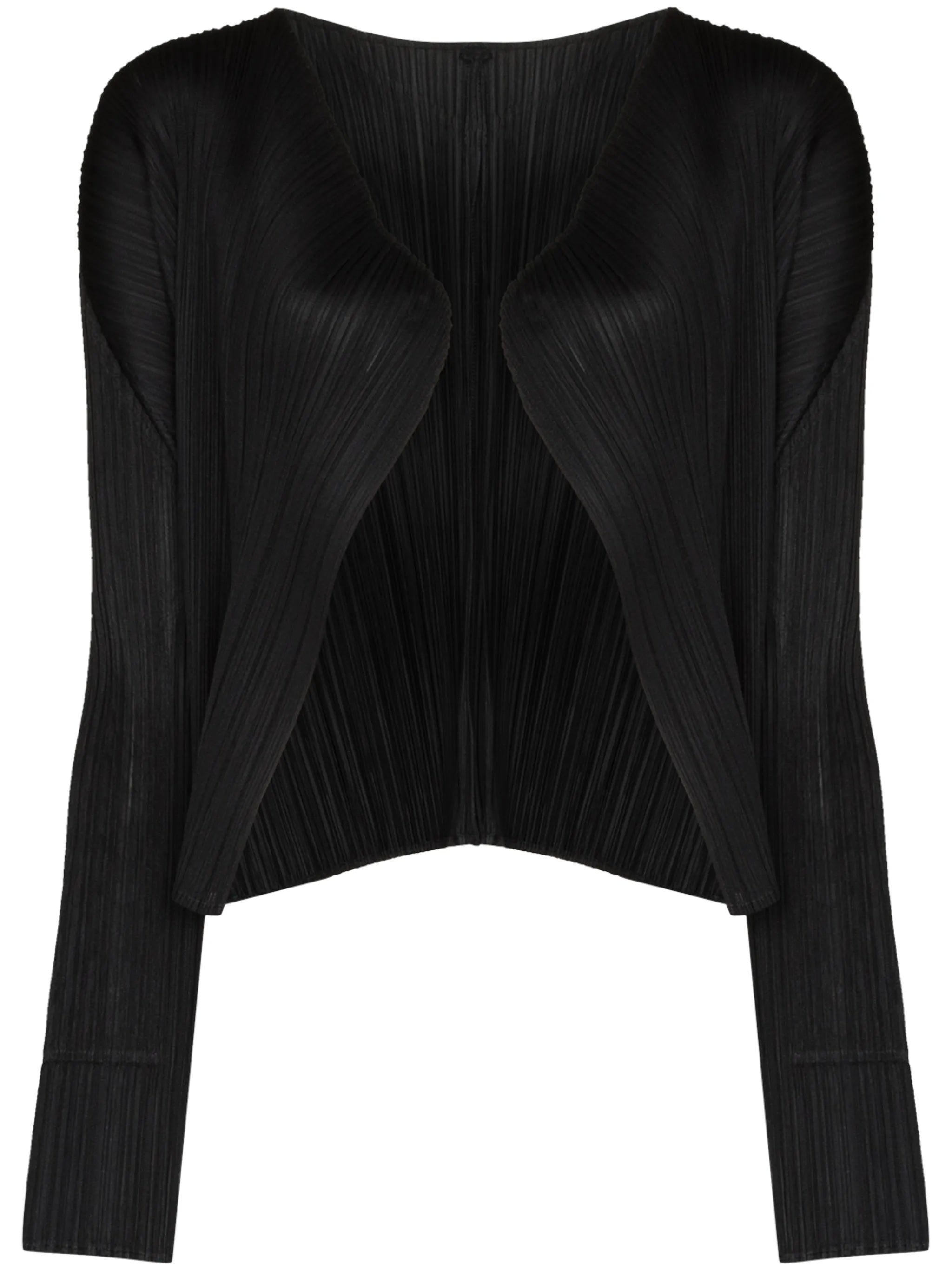 Black pleated long-sleeve cardigan from Pleats Please Issey Miyake on a white background