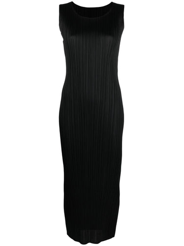 Black pleated sleeveless dress from Pleats Please Issey Miyake on a white background