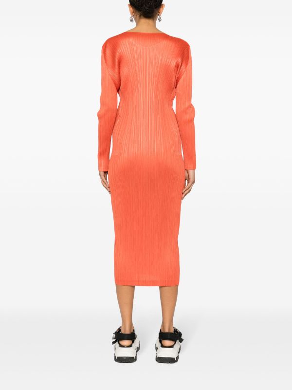 Issey Miyake Pleats Please | AW23 Long Sleeve Dress in Orange Red