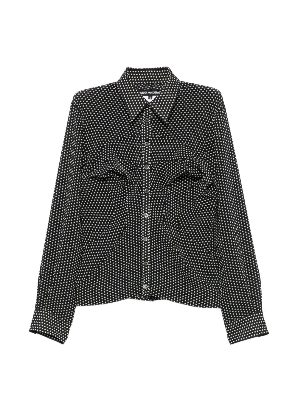 Junya Watanabe Women's Button-Up Blouse in black and white polka dot, front view, buttoned with classic collar and twin chest pockets