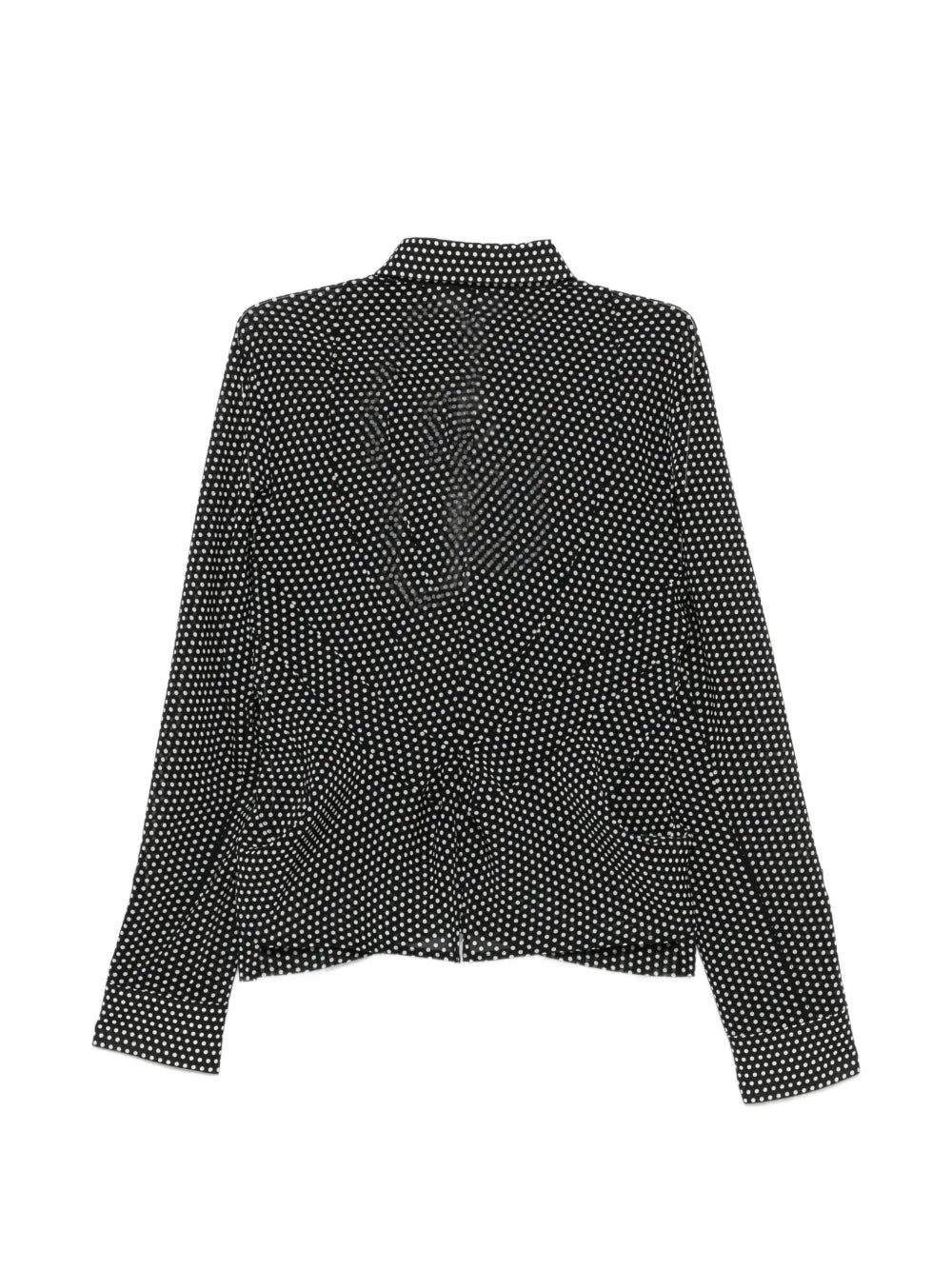 Junya Watanabe Women's Button-Up Blouse in black and white polka dot, front view worn open, showing wrap-style drape and relaxed silhouette