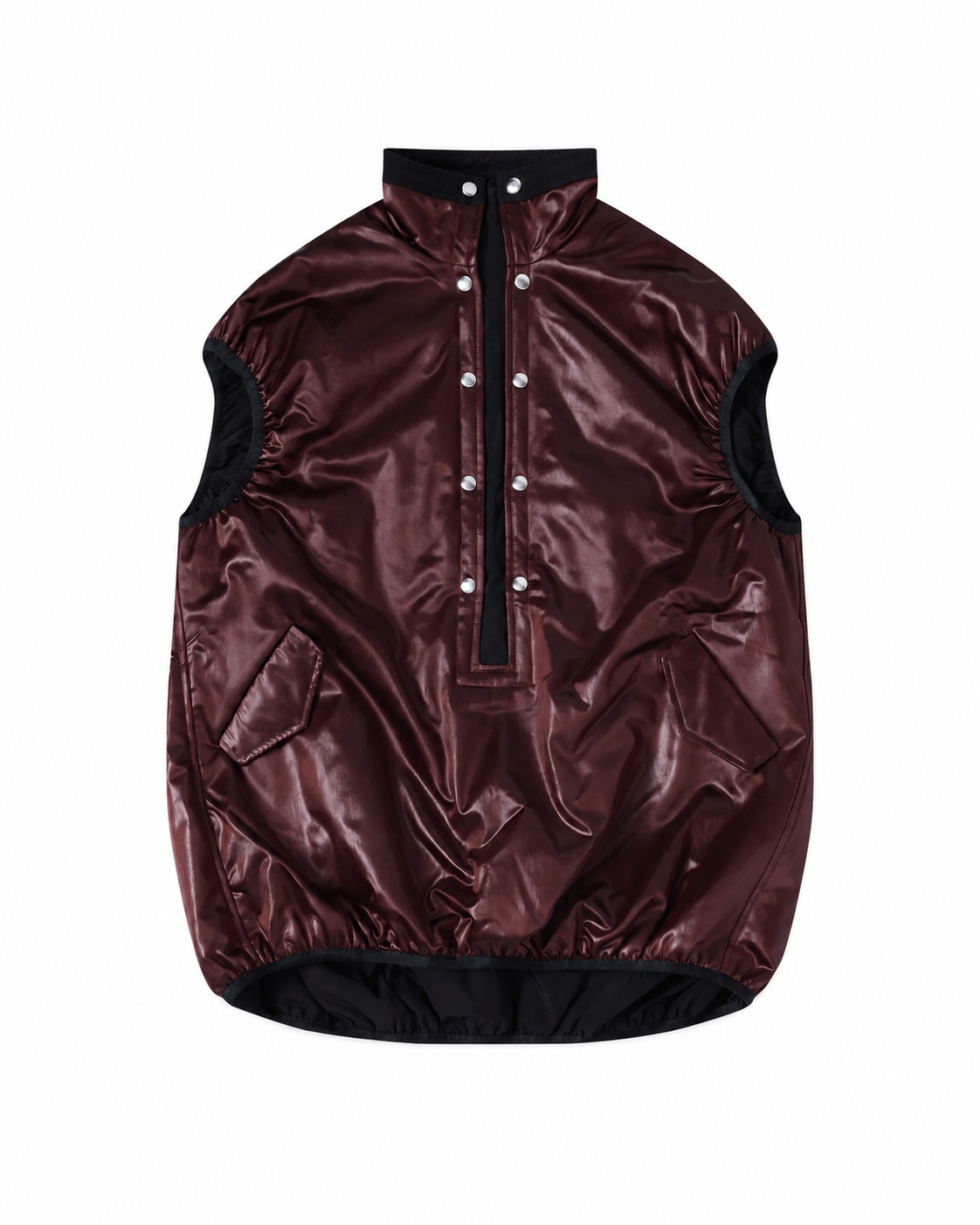 Kiko Kostadinov Auk Pullover Gilet in Burnt Umber with glossy burgundy brown finish, black trims, funnel neck and snap-button half placket
