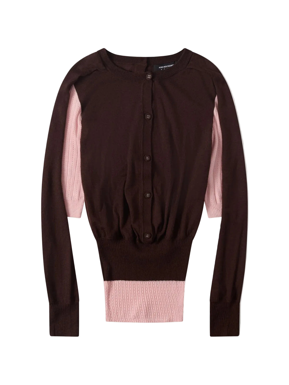 Kiko Kostadinov Corella Double Sleeve Jumper in Mahogany shown from the front, featuring a fitted layered knit construction, contrasting silk underlayer, button front, long sleeves and extended ribbed hem.