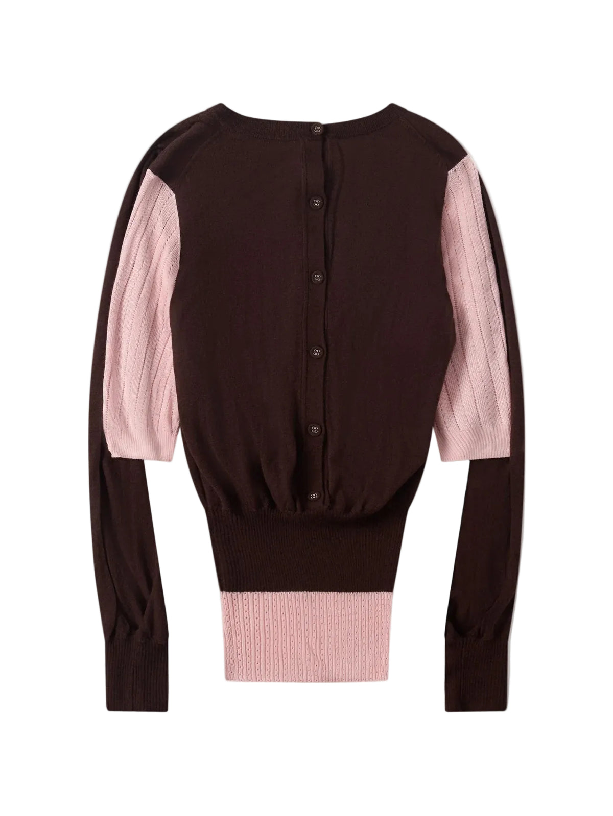 Kiko Kostadinov Corella Double Sleeve Jumper in Mahogany shown from the back, highlighting the layered double-sleeve construction, contrasting underlayer, long sleeves and fitted knit silhouette.