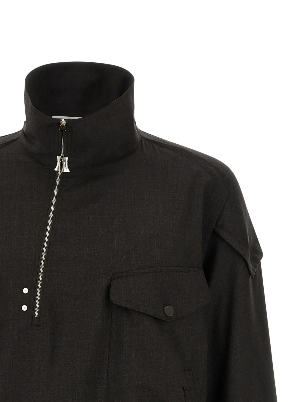Close-up of a dark brown pullover with high neck and asymmetric zipper from Kiko Kostadinov on a white background