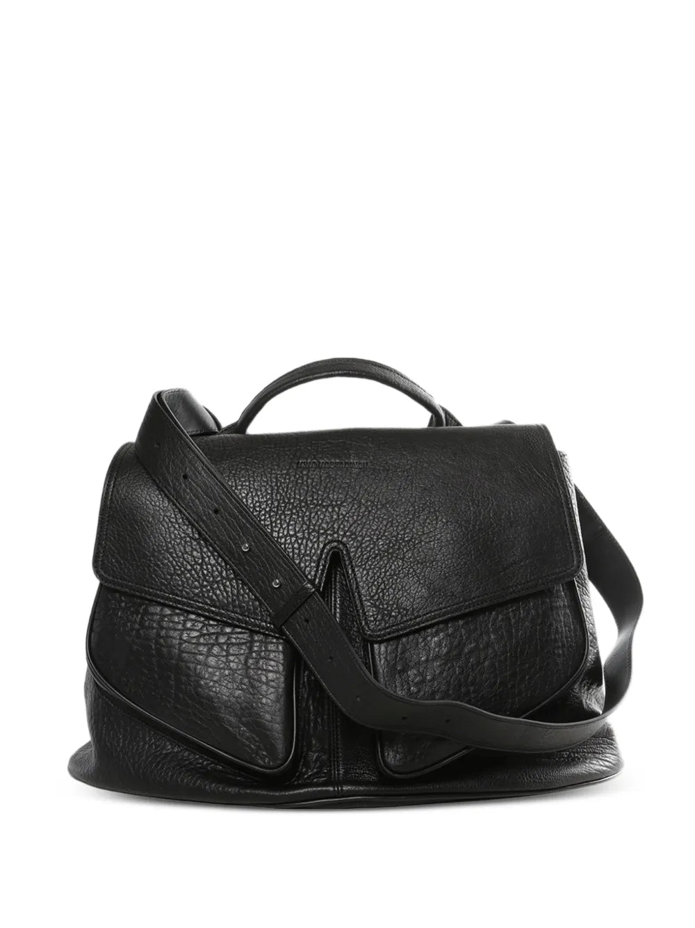 Black leather messenger bag from Kiko Kostadinov with adjustable straps on a white background