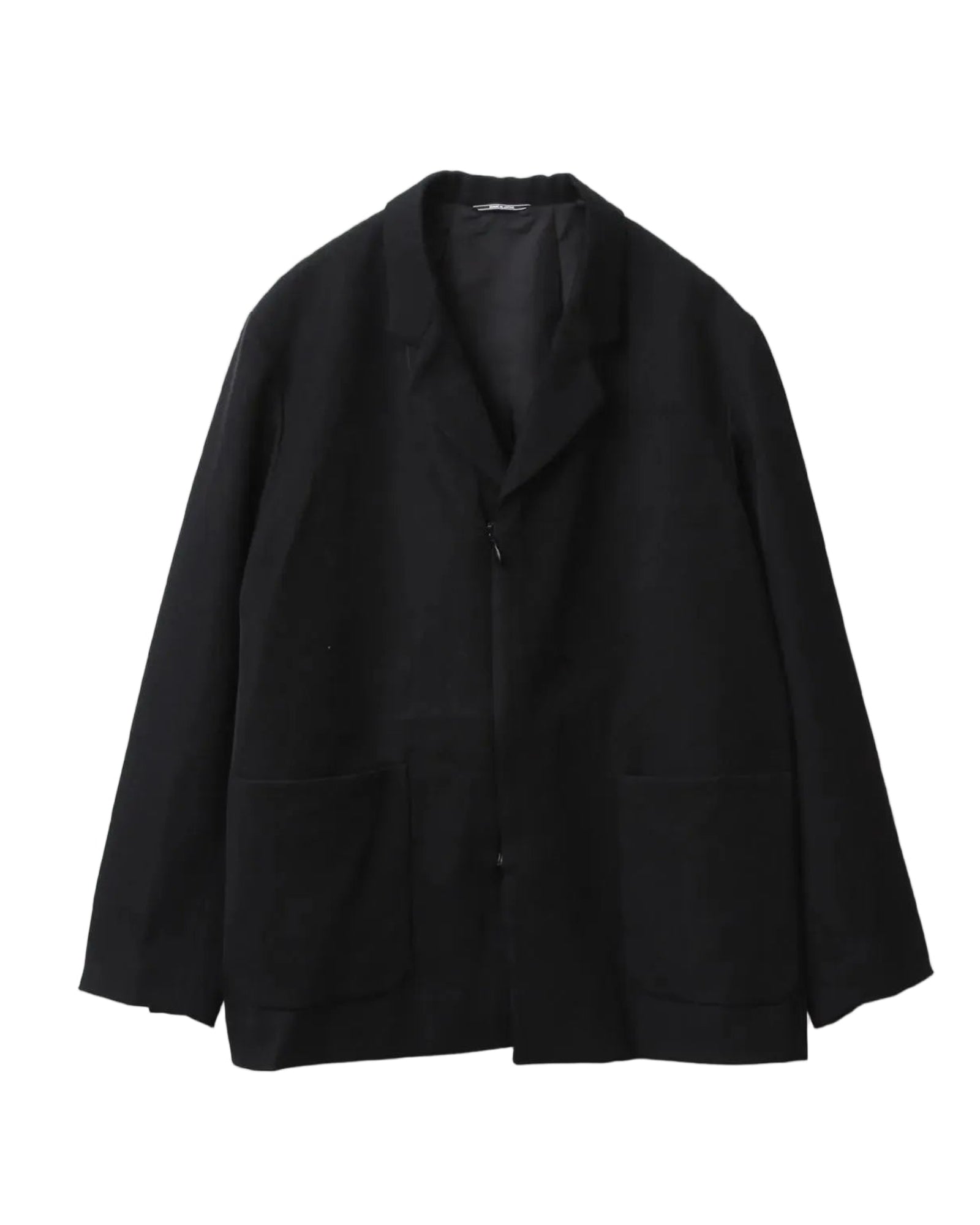 Kiko Kostadinov Votive Zip Blazer in black Japanese wool twill with a relaxed fit, invisible zip-front closure, patch pockets and pleated back vent detail