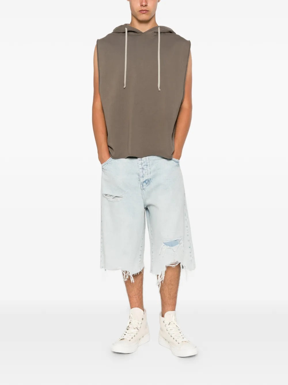 Rick Owens DRKSHDW Knit Sweat Top Hooded Tunic in Dust worn front view
