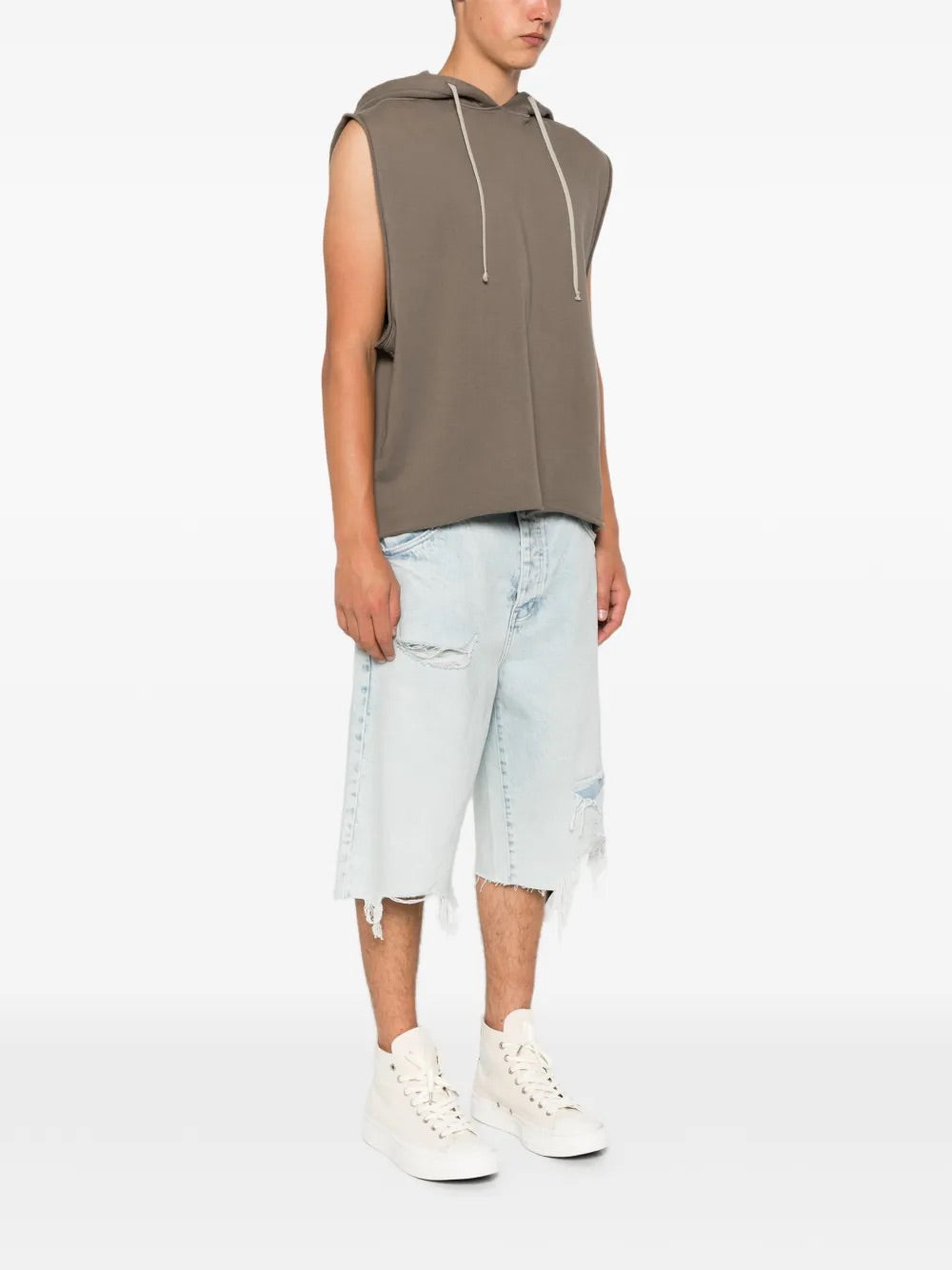 Rick Owens DRKSHDW Knit Sweat Top Hooded Tunic in Dust worn side view