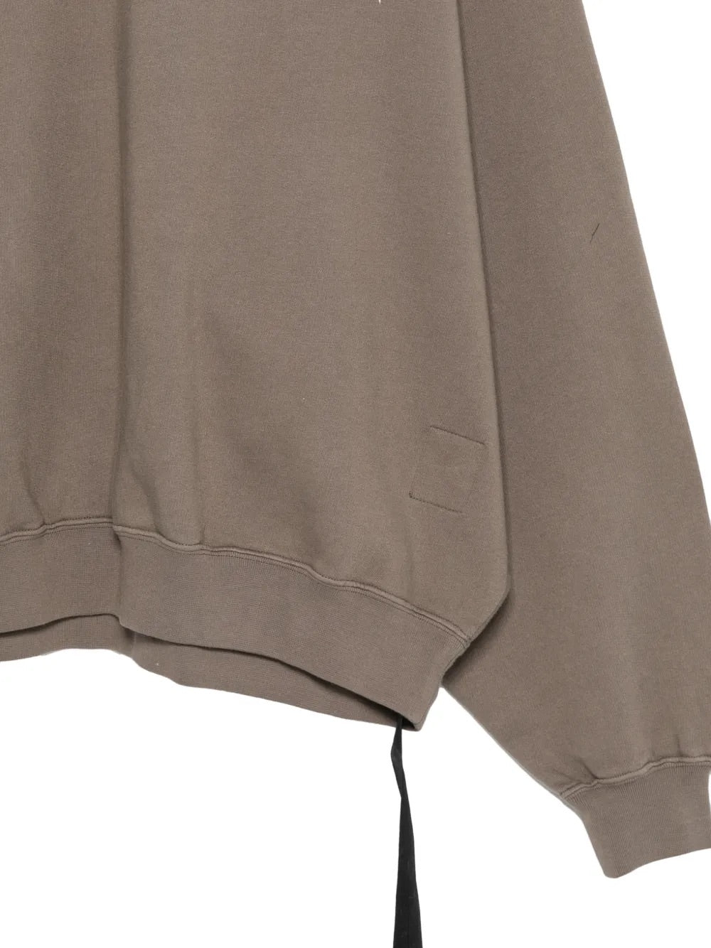 Rick Owens DRKSHDW Hun Crewneck Sweatshirt in Dust close-up of ribbed hem and signature drawstring detail