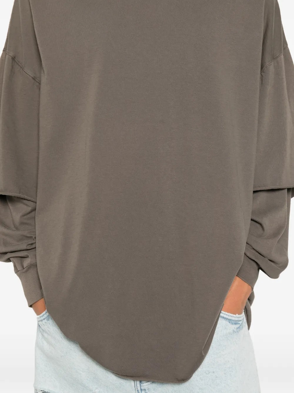Rick Owens DRKSHDW Tommy Hustler Sweat T-Shirt in Dust close-up of layered sleeves and raw-cut hem
