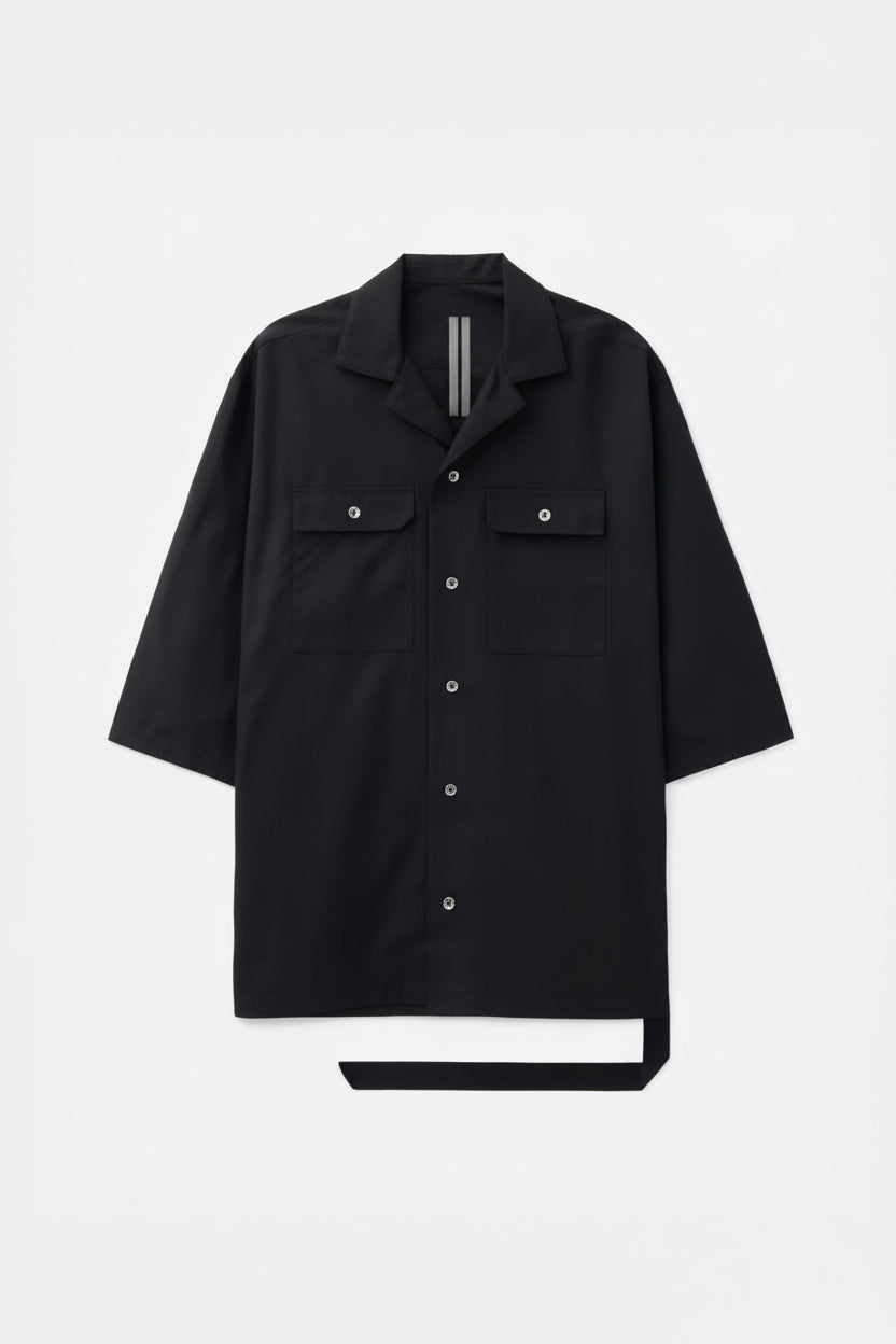 Rick Owens DRKSHDW Oversized Button-Up Shirt in black cotton twill shown flat with short sleeves, chest patch pockets and front button fastening.