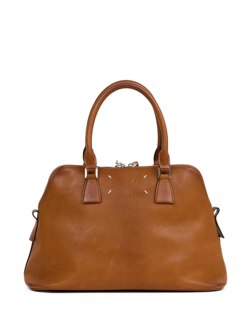 Brown 5AC leather bag with four signature white stitches from Maison Margiela on a white background.