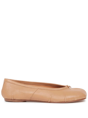 Tan leather Tabi ballet flat shoe on a white background