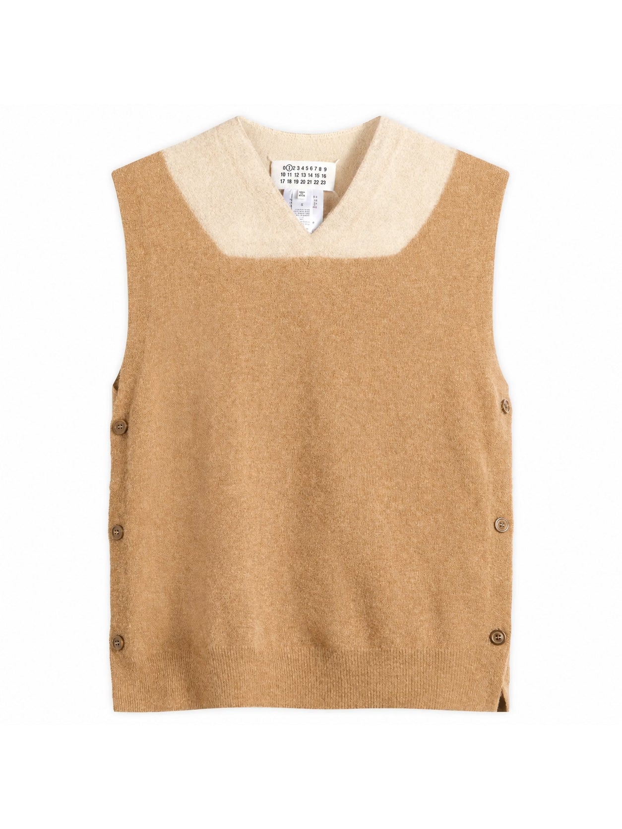 Maison Margiela Fuse Knit Top in camel ecru virgin wool with sleeveless V-neck silhouette, contrast collar detail and ribbed hem