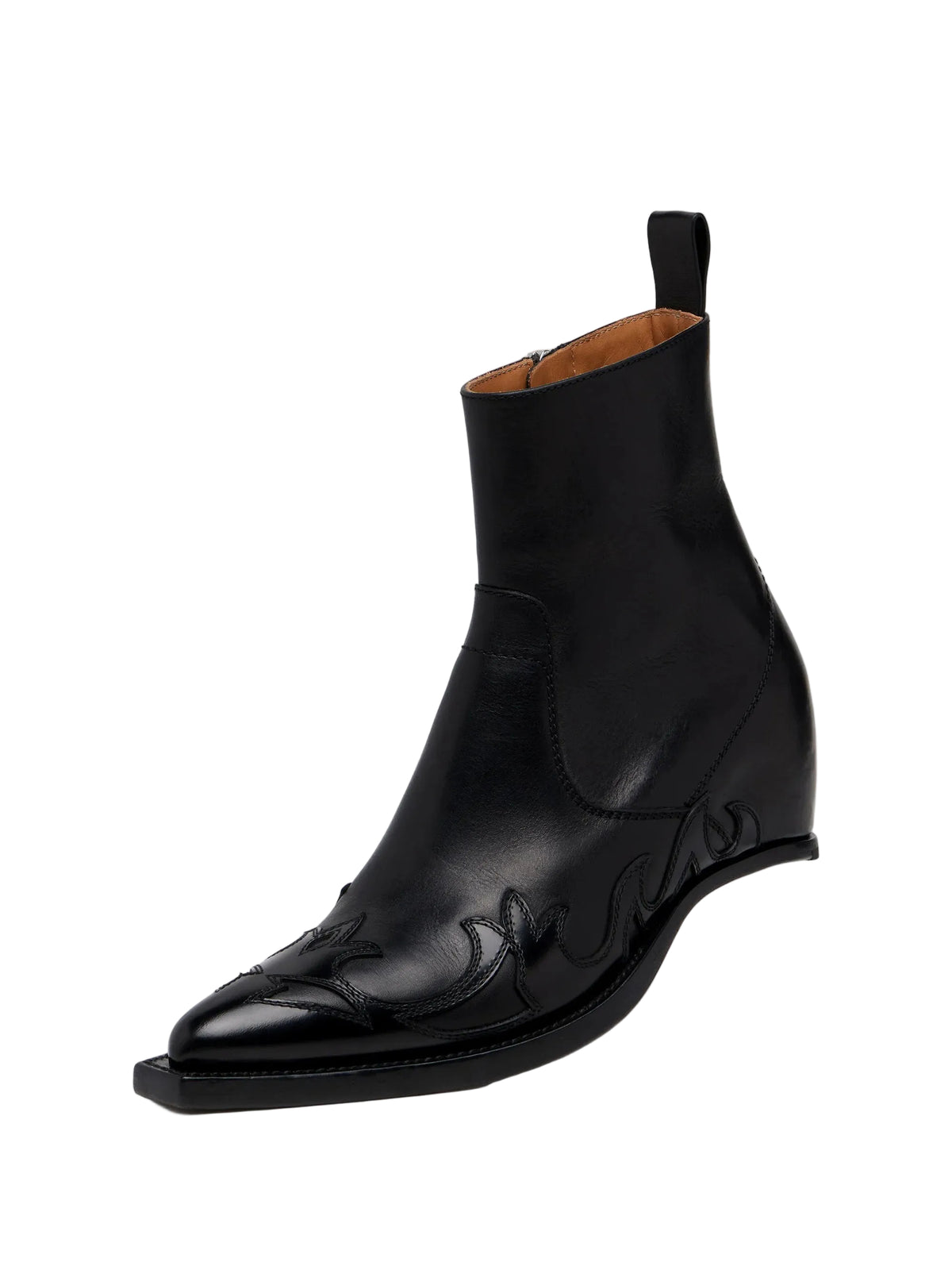 Maison Margiela Heel-Less Western Flame Boot, three-quarter view showing pointed toe, side zip and tan leather lining
