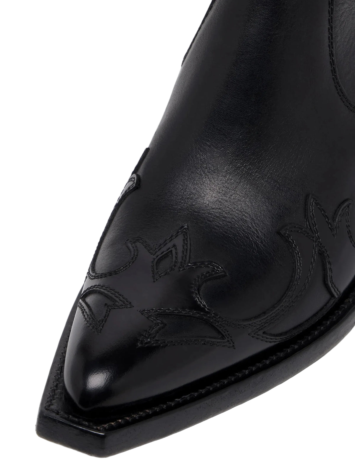 Close-up of Maison Margiela Heel-Less Western Flame Boot showing tonal flame appliqué detail at pointed toe
