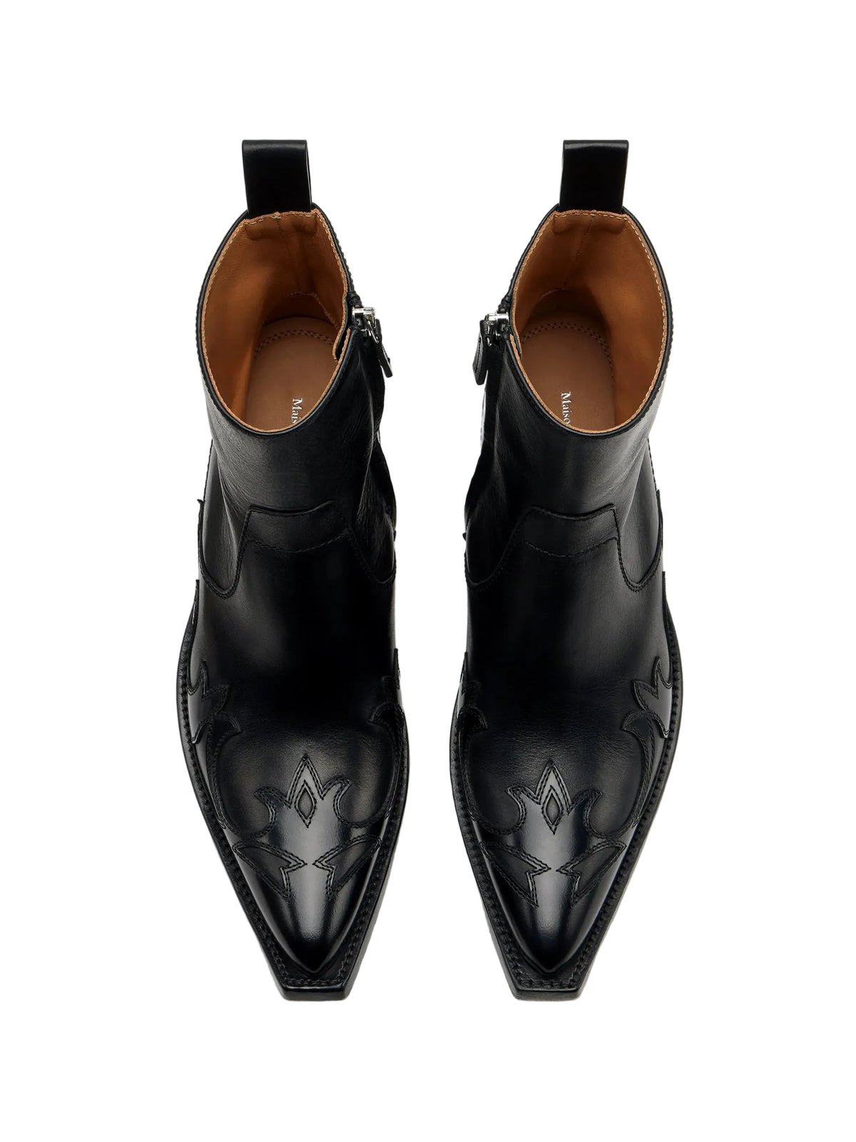 Top-down view of Maison Margiela Heel-Less Western Flame Boot pair showing flame appliqués and Maison Margiela insole
